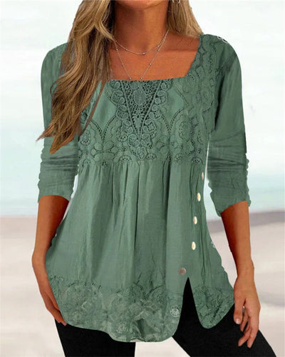 Damen Sommerbluse mit langen Ärmeln und eckigem Ausschnitt