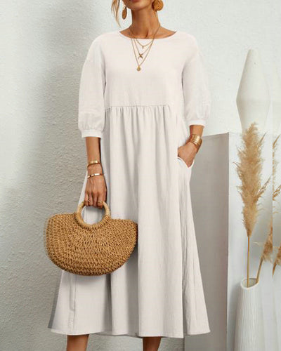 Damen Sommer Midikleid mit Rundhalsausschnitt und Taschen