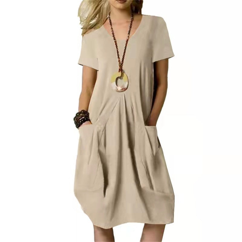 Damen Sommer Midikleid mit Rundhalsausschnitt und aufgesetzten Taschen