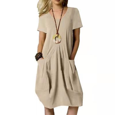 Damen Sommer Midikleid mit Rundhalsausschnitt und aufgesetzten Taschen