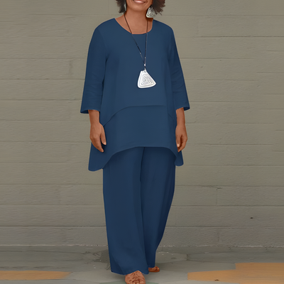 Damen Leinen-Set mit Rundhalstop und passender Hose