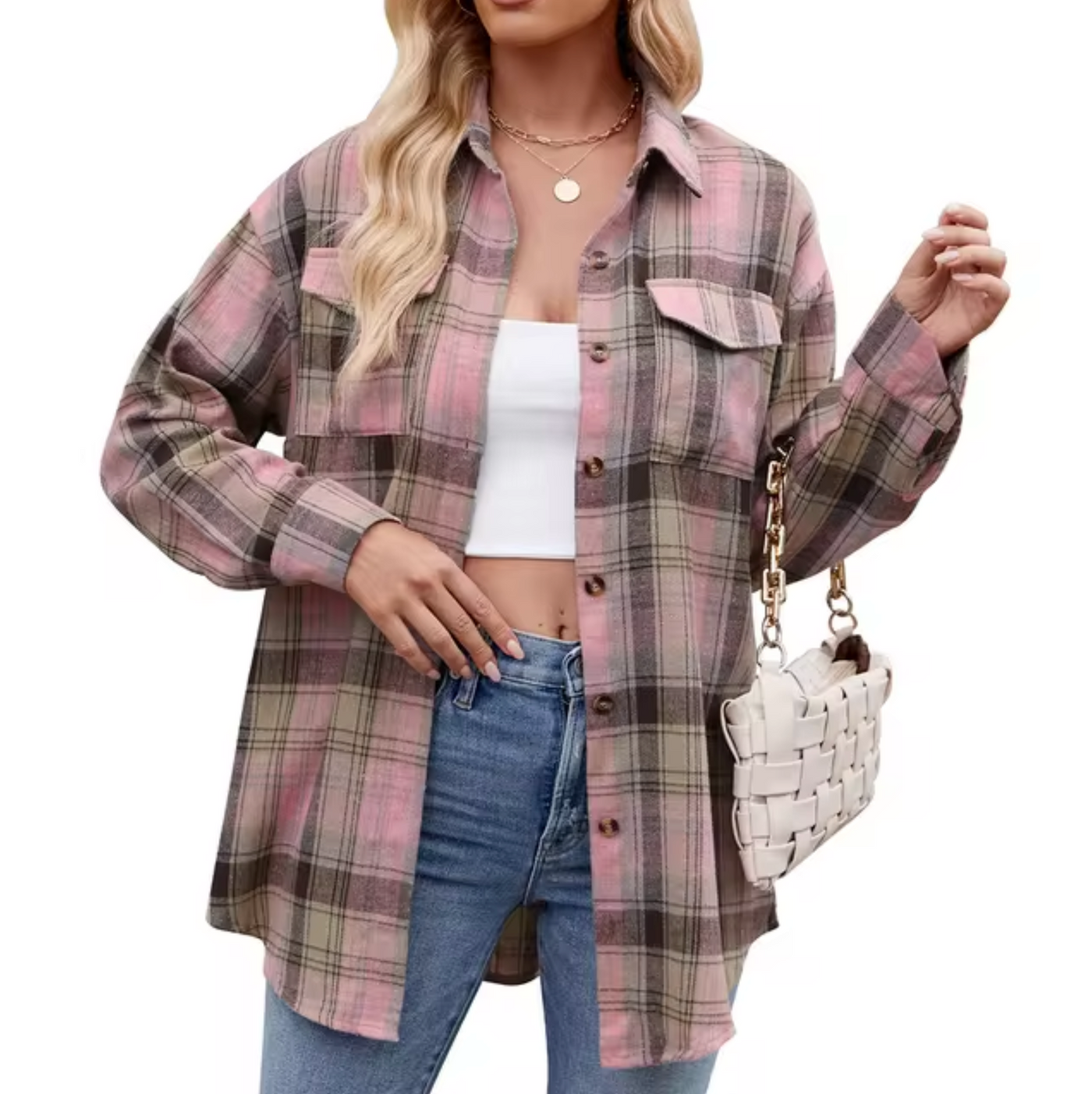 Damen Langarmshirt mit Karomuster und Knopfverschluss