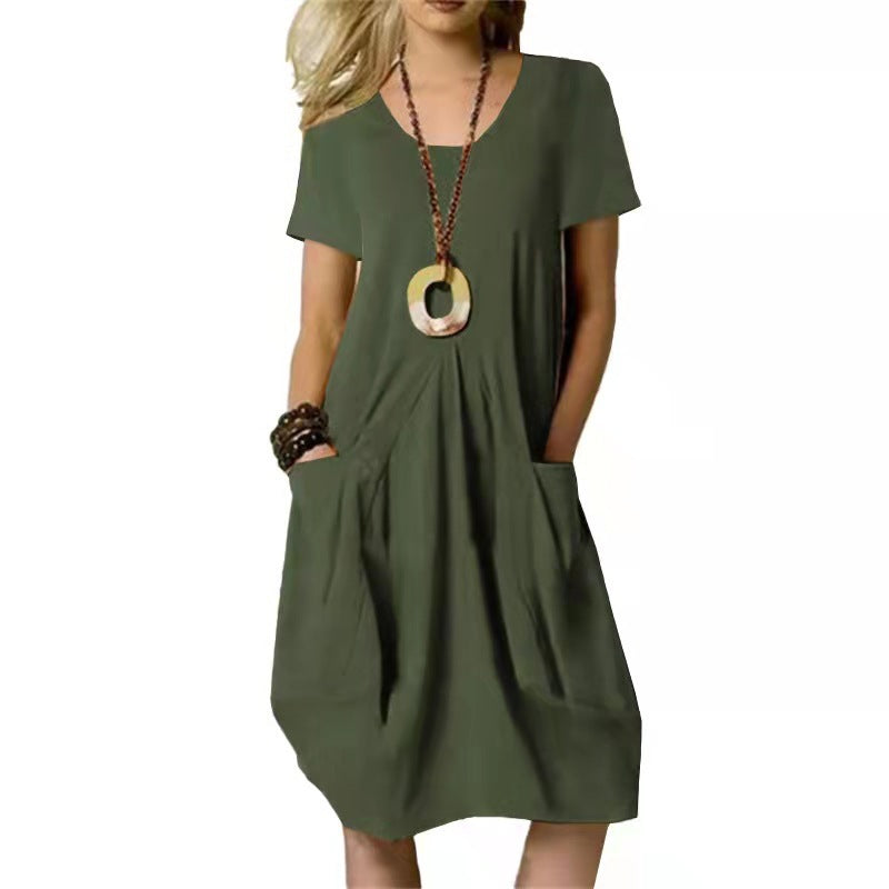 Damen Sommer Midikleid mit Rundhalsausschnitt und aufgesetzten Taschen