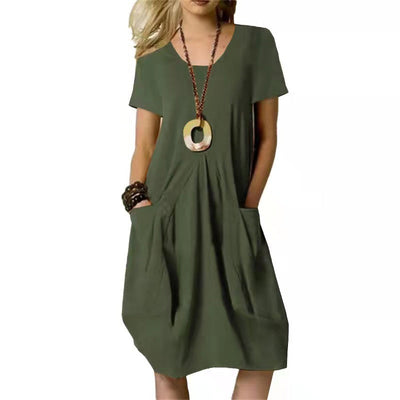 Damen Sommer Midikleid mit Rundhalsausschnitt und aufgesetzten Taschen