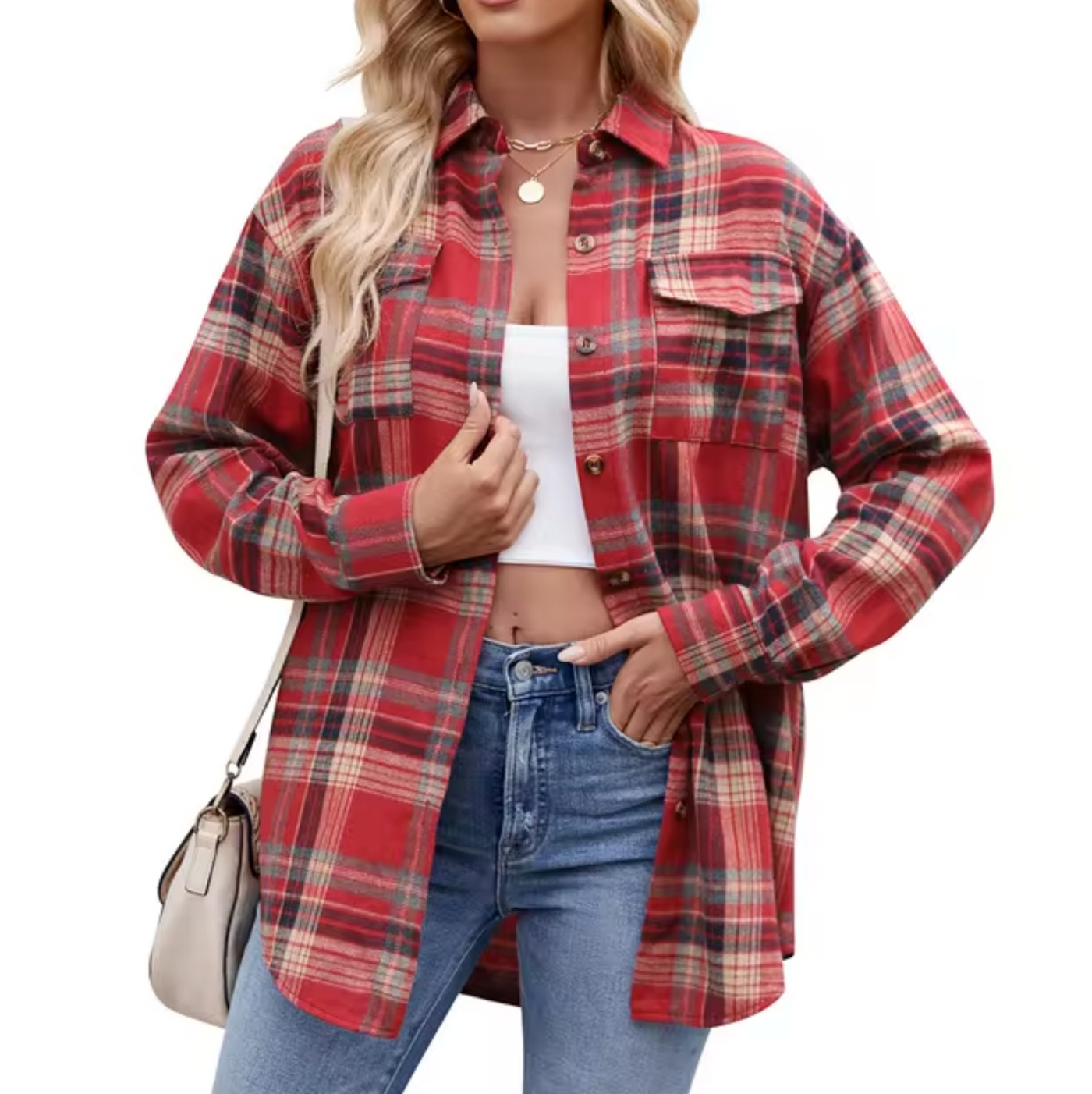 Damen Langarmshirt mit Karomuster und Knopfverschluss