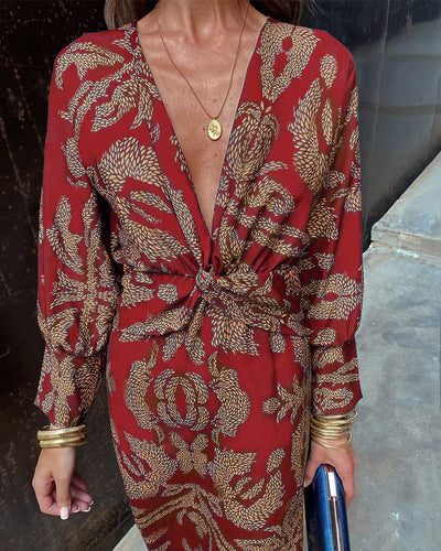 Damen Sommer Midi Kleid mit langen Ärmeln und V-Ausschnitt