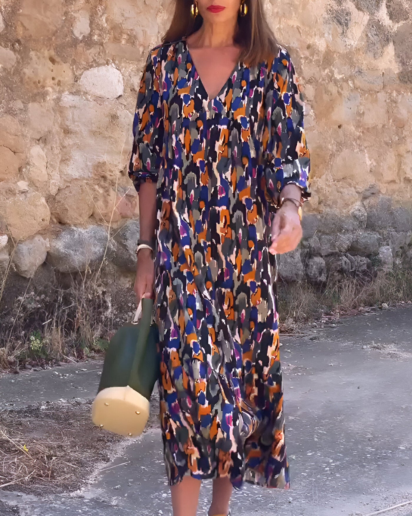 Damen-Sommerkleid mit V-Ausschnitt und Abstraktem Muster