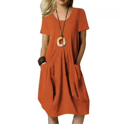 Damen Sommer Midikleid mit Rundhalsausschnitt und aufgesetzten Taschen