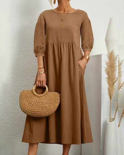 Damen Sommer Midikleid mit Rundhalsausschnitt und Taschen