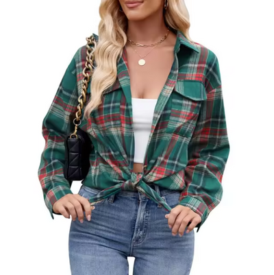 Damen Langarmshirt mit Karomuster und Knopfverschluss