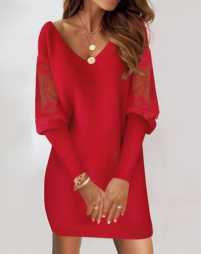 Damen Sommer Minikleid mit langen Ärmeln und V-Ausschnitt