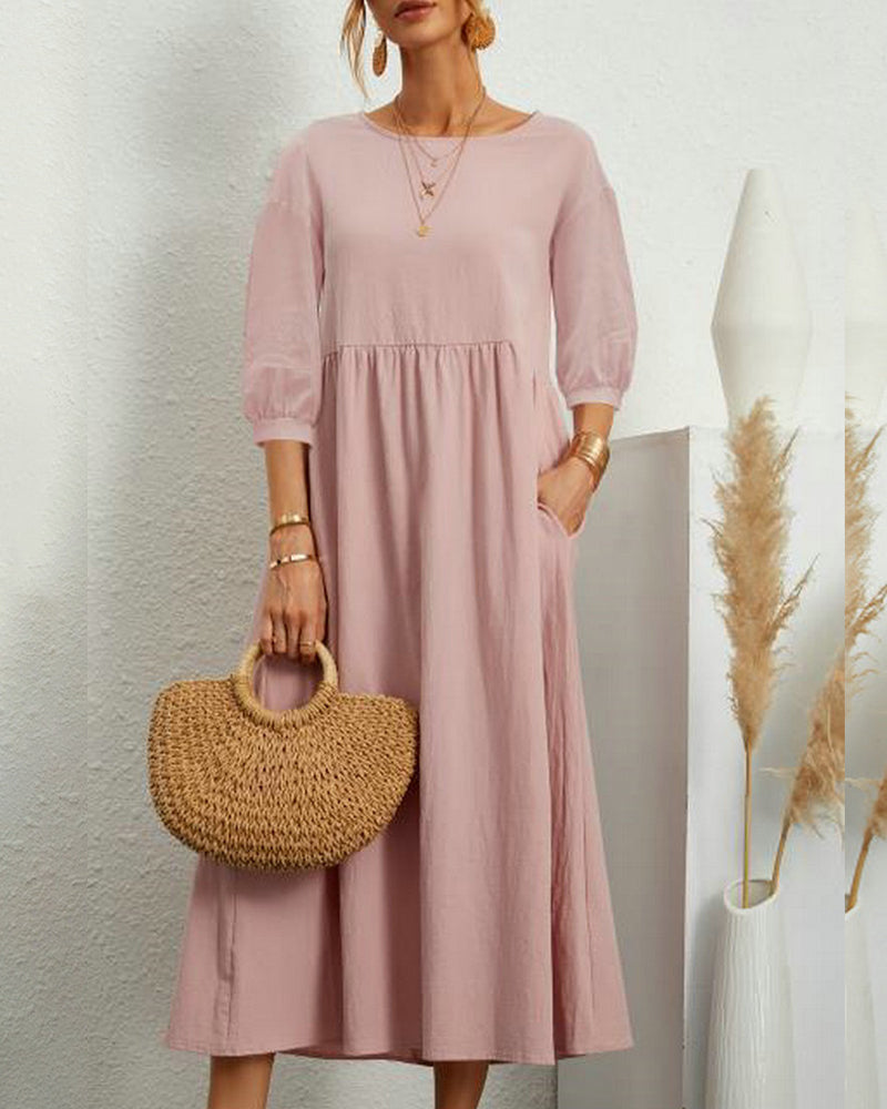 Damen Sommer Midikleid mit Rundhalsausschnitt und Taschen