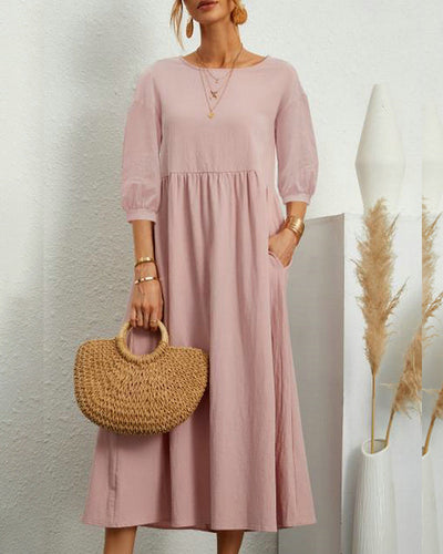 Damen Sommer Midikleid mit Rundhalsausschnitt und Taschen