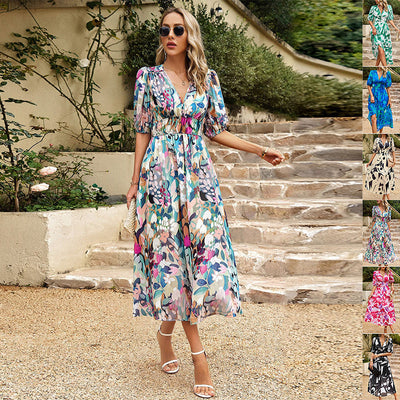 Damen Midi-Kleid mit V-Ausschnitt und 3/4-langen Puffärmeln