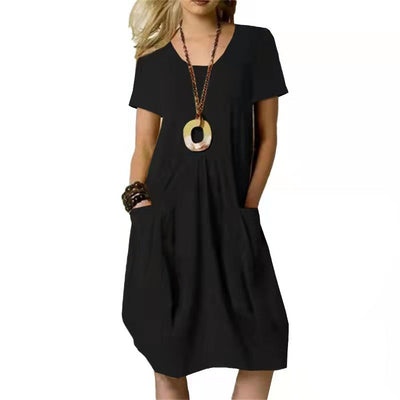 Damen Sommer Midikleid mit Rundhalsausschnitt und aufgesetzten Taschen