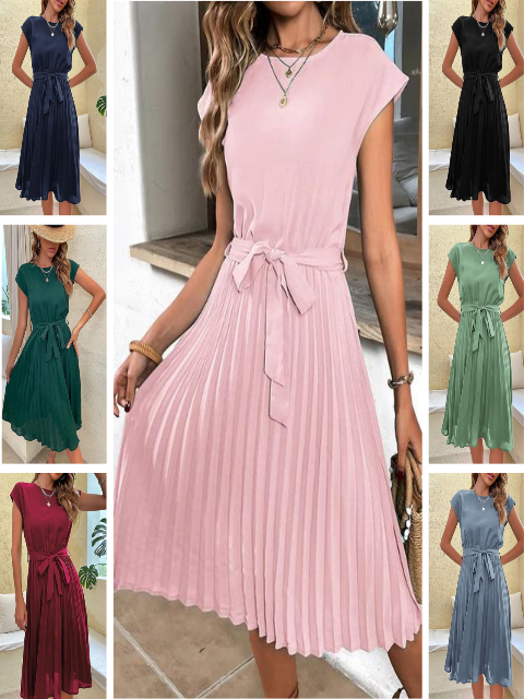 Damen Midikleid für den Sommer mit kurzen Ärmeln und Rundhalsausschnitt