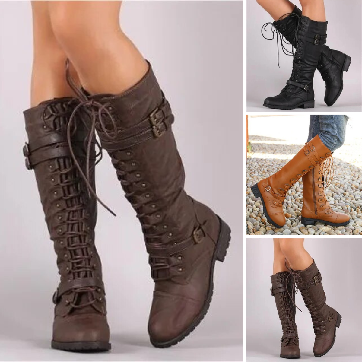 Damen Kniehohe Stiefel mit Schnürverschluss