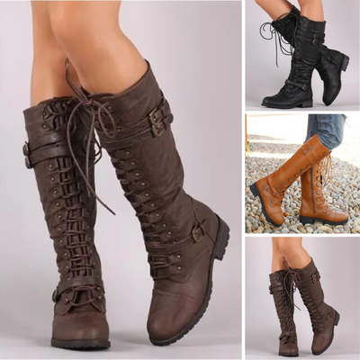 Damen Kniehohe Stiefel mit Schnürverschluss