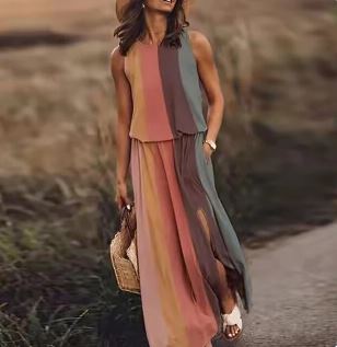 Damen Sommer Maxikleid mit grafischen Drucken und Seitenschlitz