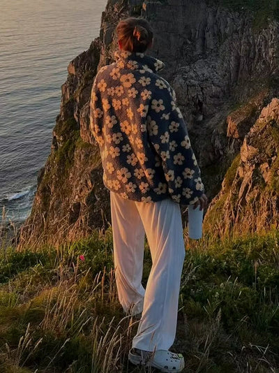 Damen Blumenmuster-Pullover Mit Half-Zip Und Hohem Kragen