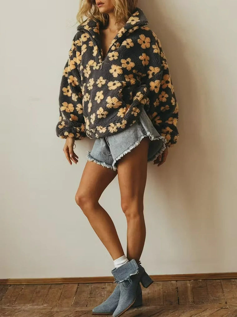 Damen Blumenmuster-Pullover Mit Half-Zip Und Hohem Kragen