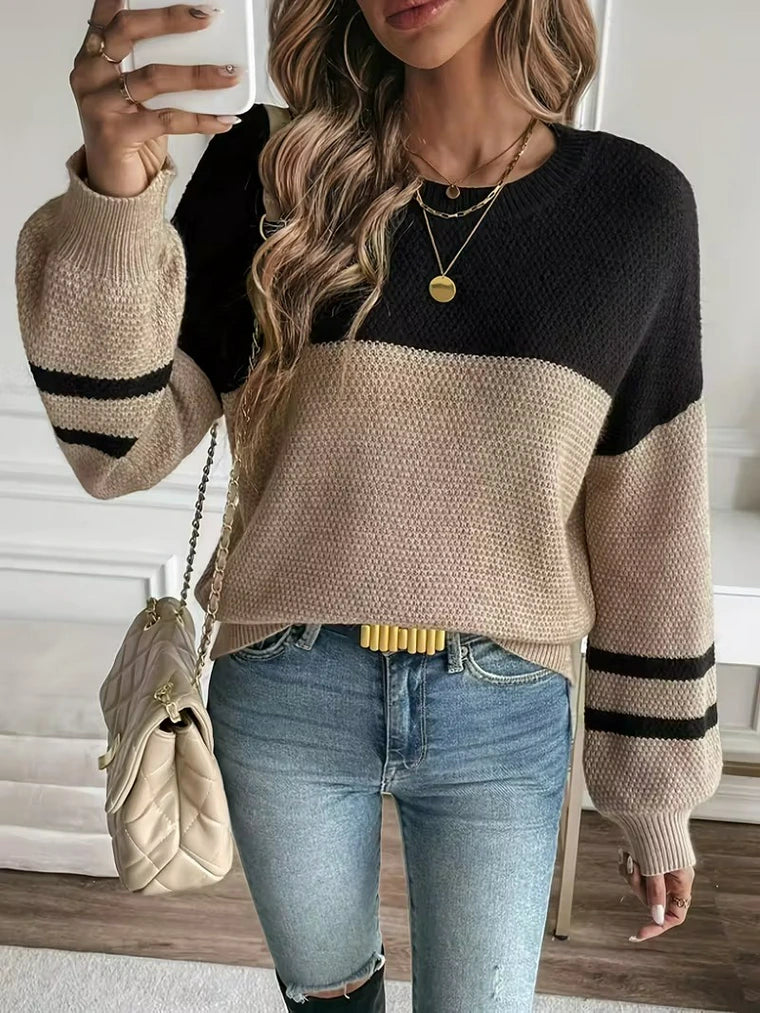 Damen Colourblock-Strickpullover mit Rundhalsausschnitt