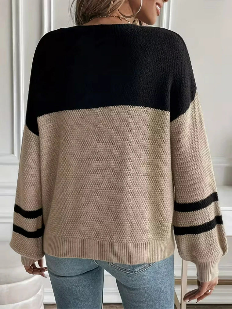 Damen Colourblock-Strickpullover mit Rundhalsausschnitt