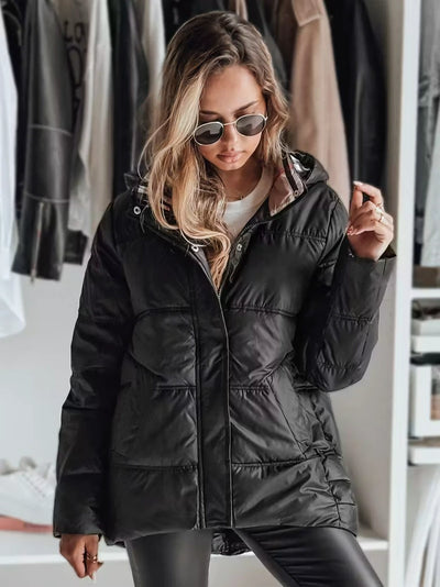 Damen Gesteppte Winterjacke mit Kapuze und Druckknopf