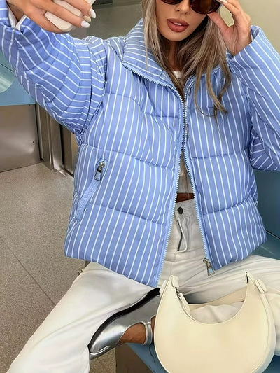 Damen Gestreifte Steppjacke mit Stehkragen und Reißverschluss