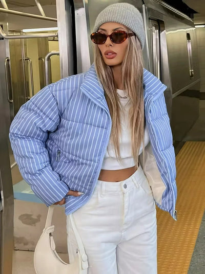 Damen Gestreifte Steppjacke mit Stehkragen und Reißverschluss