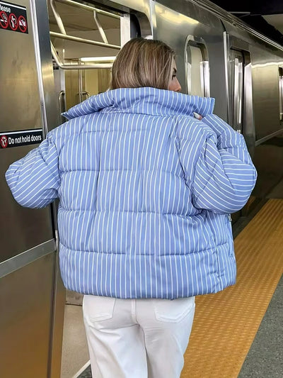 Damen Gestreifte Steppjacke mit Stehkragen und Reißverschluss