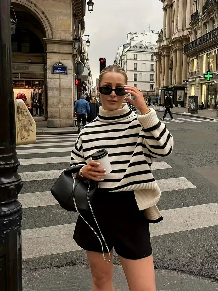 Damen Gestreifter Rollkragen-Strickpullover mit Geripptem Saum und Bündchen