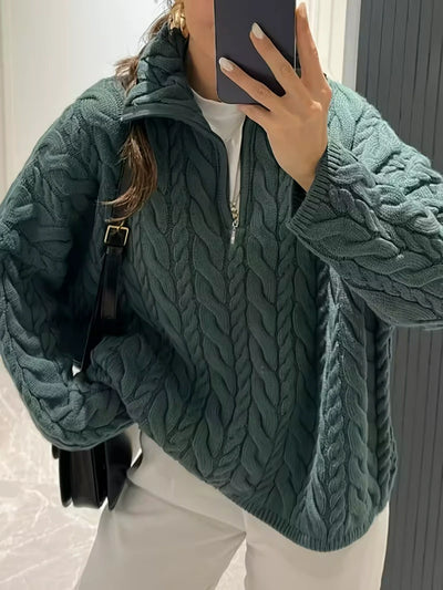 Damen Half-Zip-Pullover mit Zopfmuster und Stehkragen