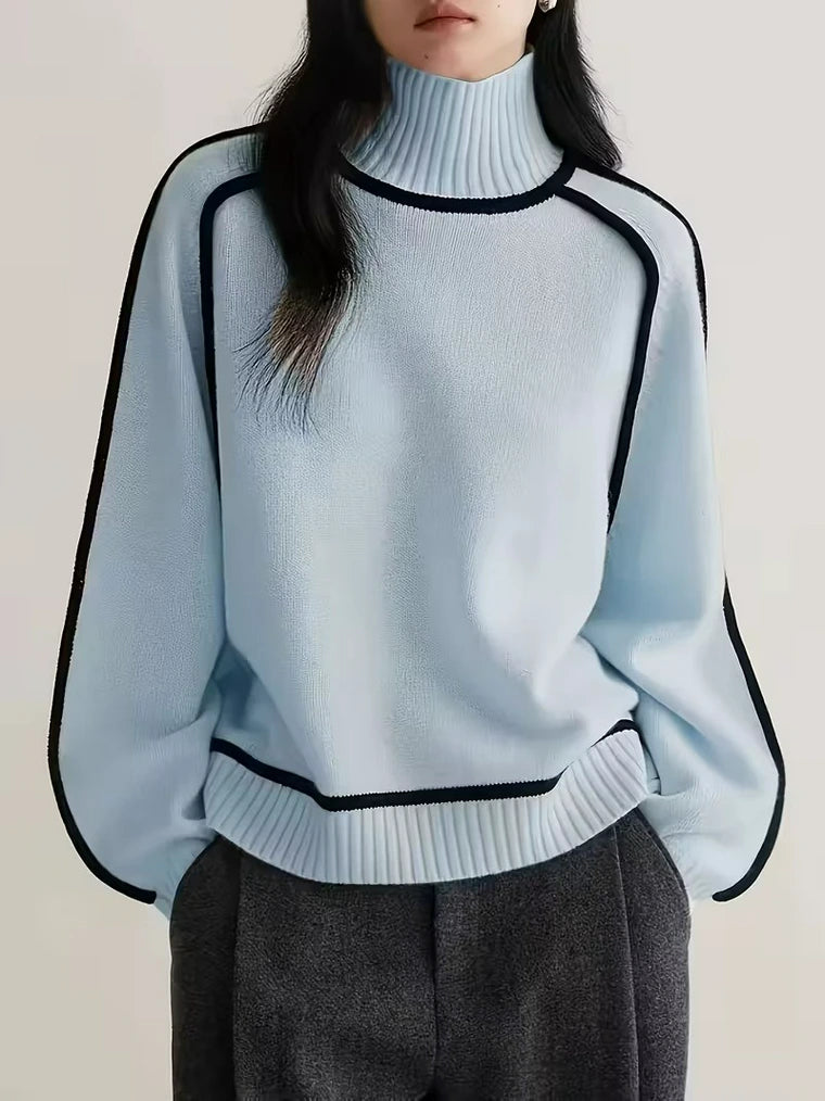 Damen Hohem Kragen Pullover mit Streifen