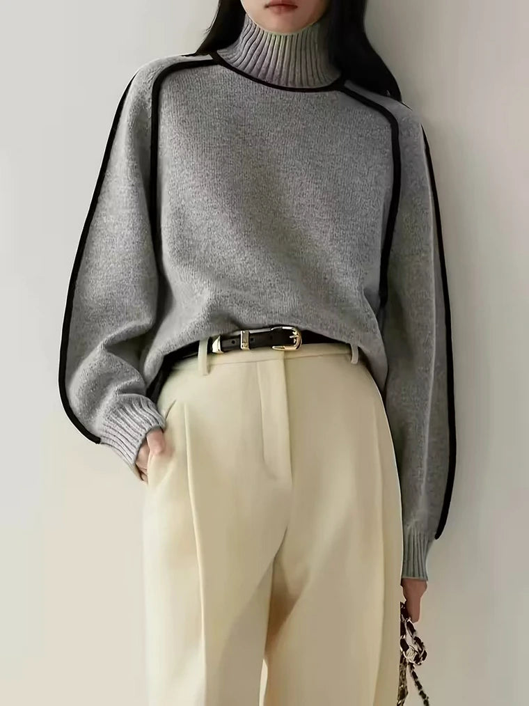 Damen Hohem Kragen Pullover mit Streifen