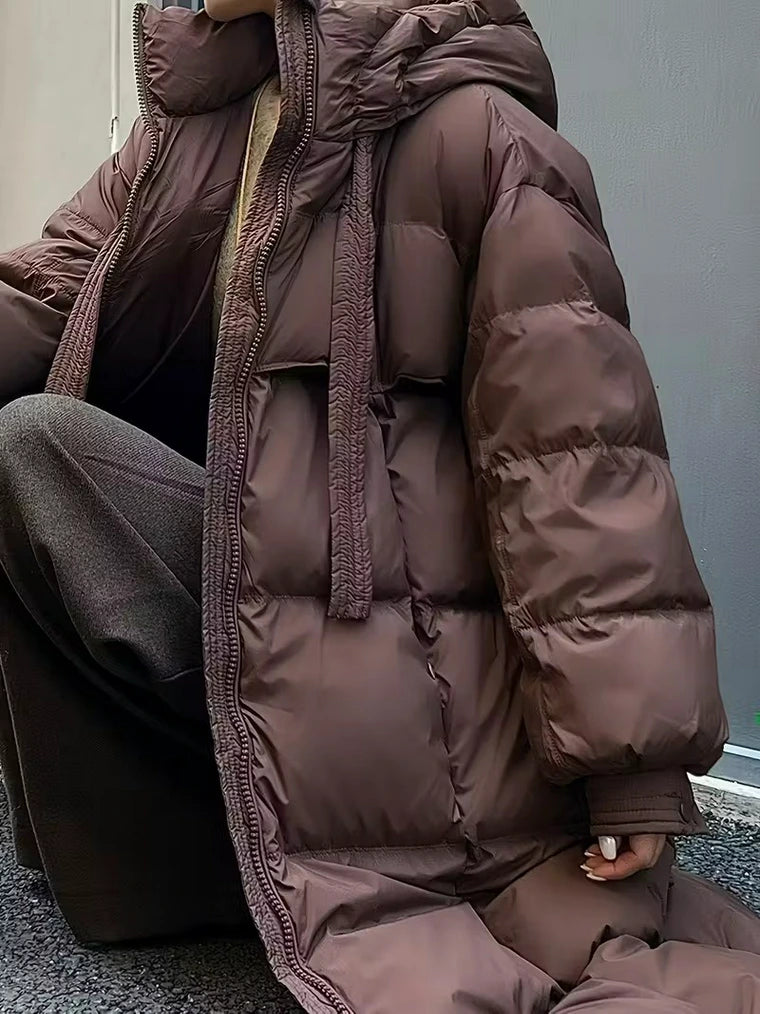 Damen Kapuze Langer Steppmantel mit Reißverschluss und Verstellbaren Bündchen