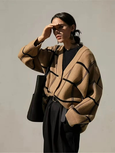 Damen Karierter Strickjacke mit Knöpfen Und Rippblende