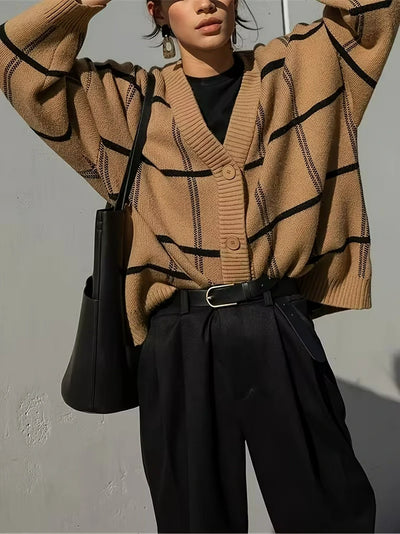 Damen Karierter Strickjacke mit Knöpfen Und Rippblende