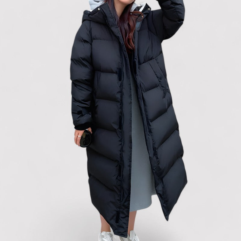 Damen Langer Steppmantel mit Kapuze und Taschen
