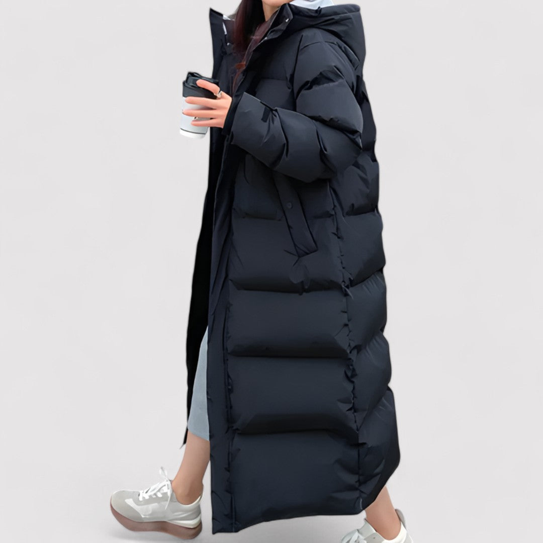 Damen Langer Steppmantel mit Kapuze und Taschen