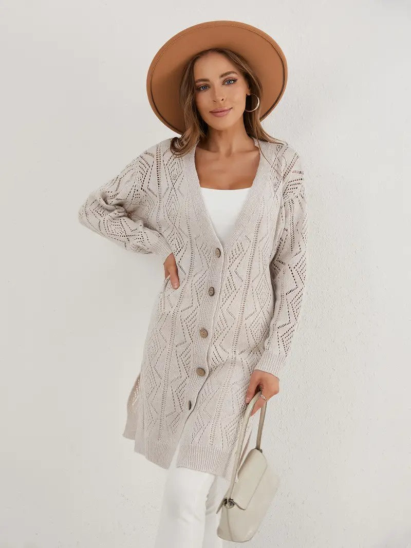 Damen Mittellange Strickjacke mit Knöpfen und Rippstrick