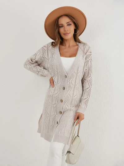 Damen Mittellange Strickjacke mit Knöpfen und Rippstrick