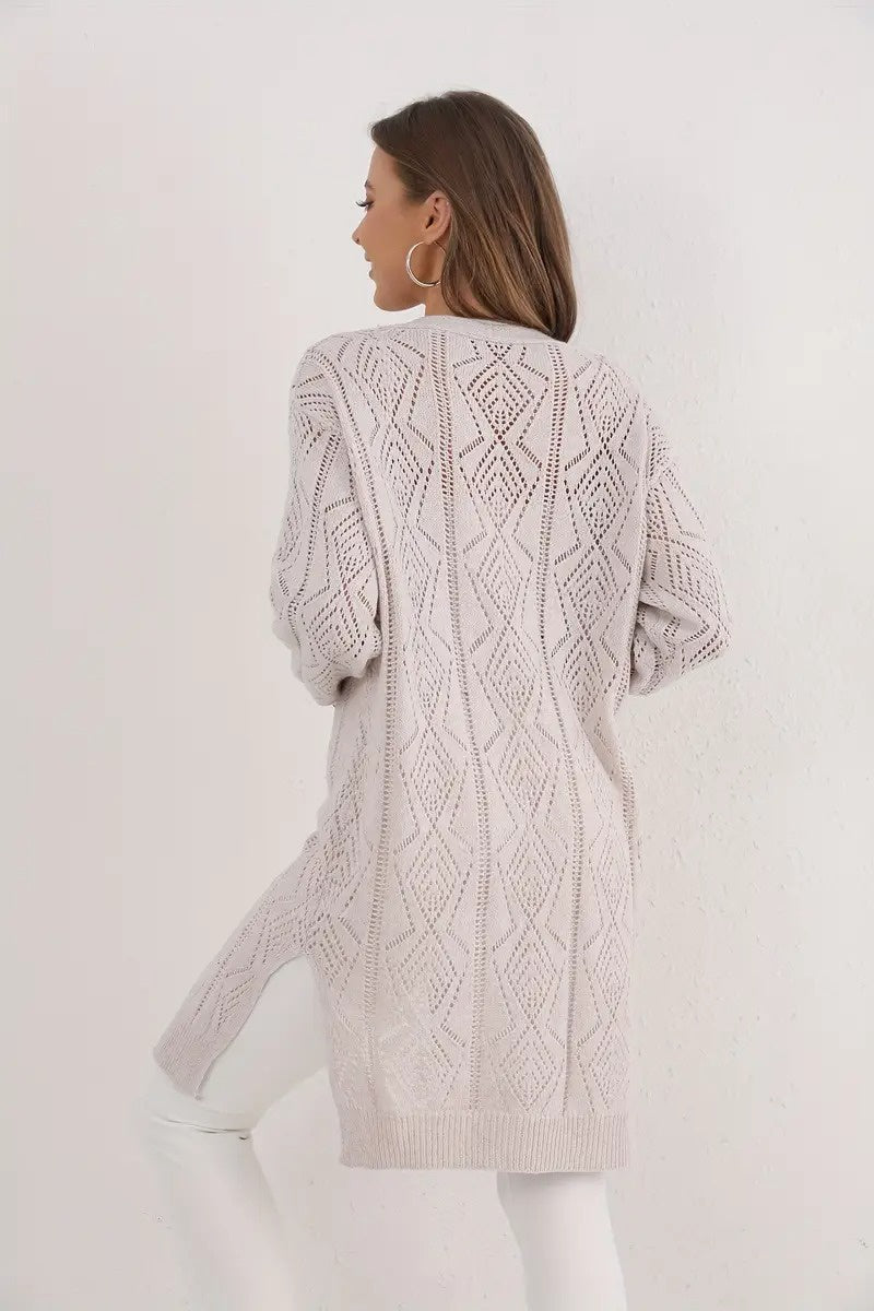 Damen Mittellange Strickjacke mit Knöpfen und Rippstrick