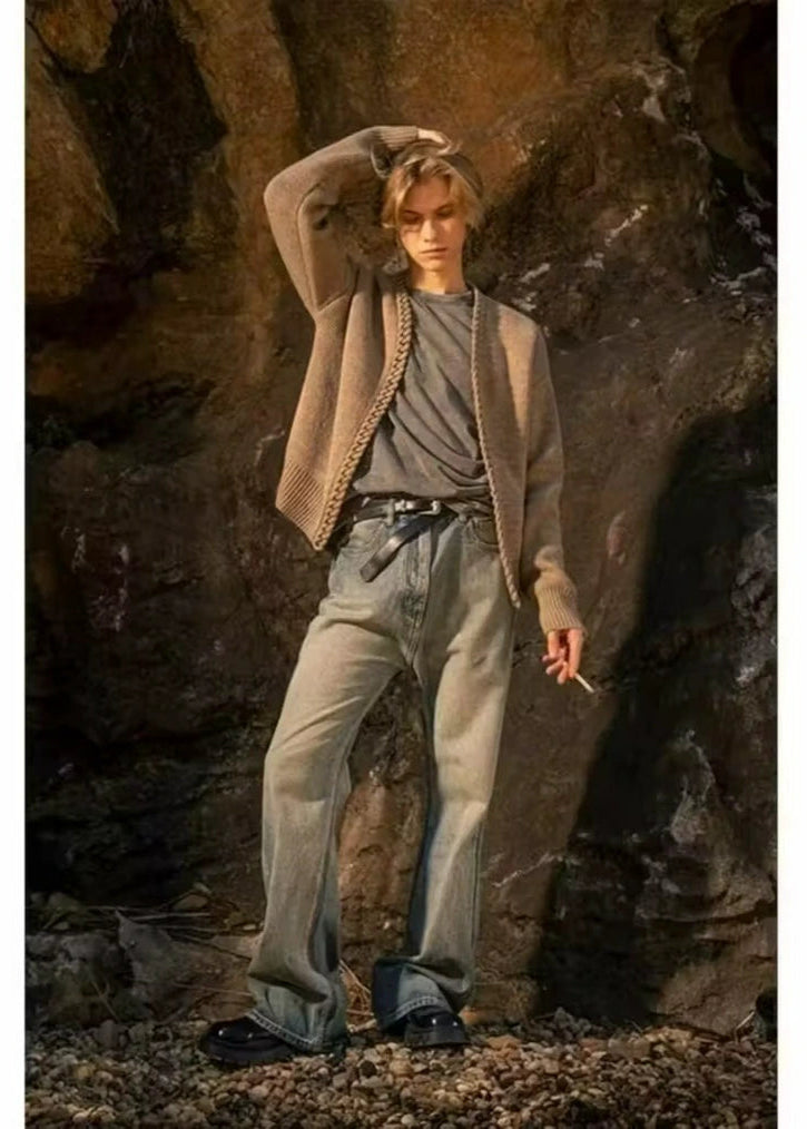 Damen Offen Fallender Strickjacke mit Zopfmuster-Besatz