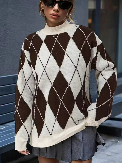 Damen Oversize-Strickpullover mit Rautenmuster