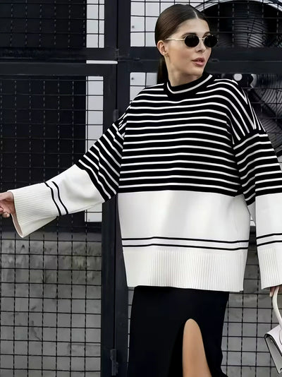 Damen Oversize-Strickpullover mit Streifen und Gerippten Bündchen