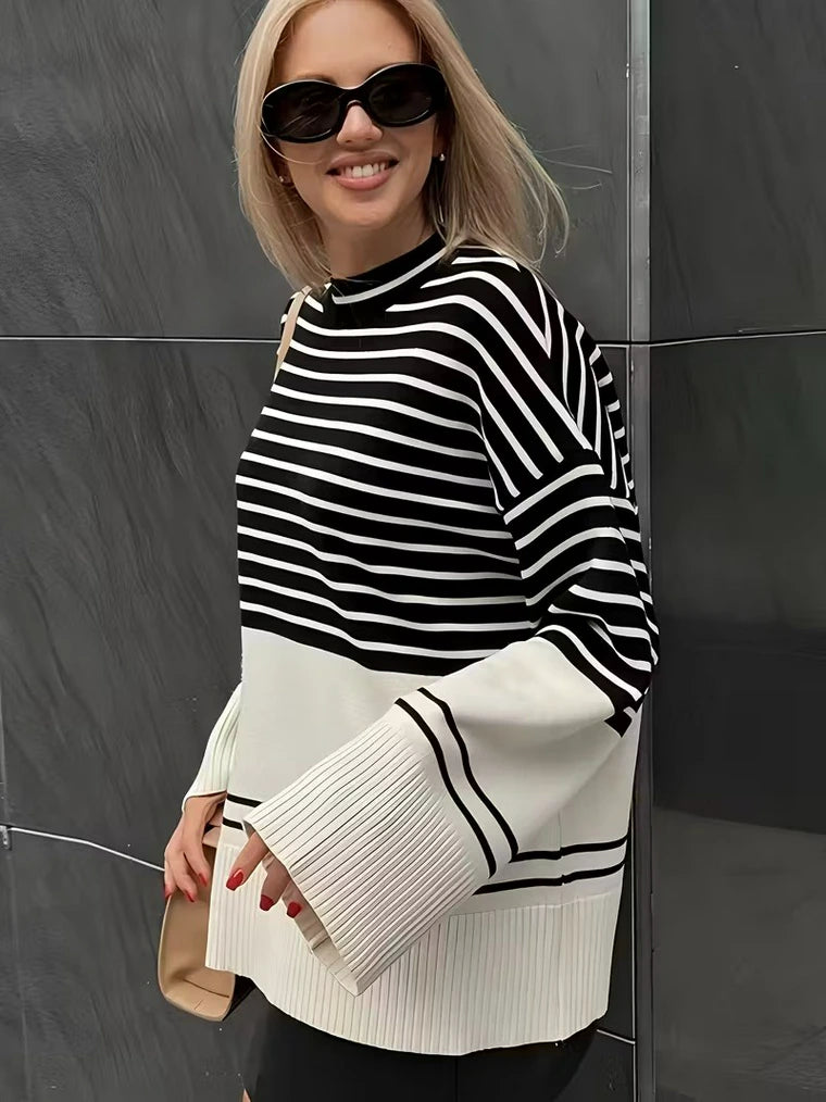 Damen Oversize-Strickpullover mit Streifen und Gerippten Bündchen