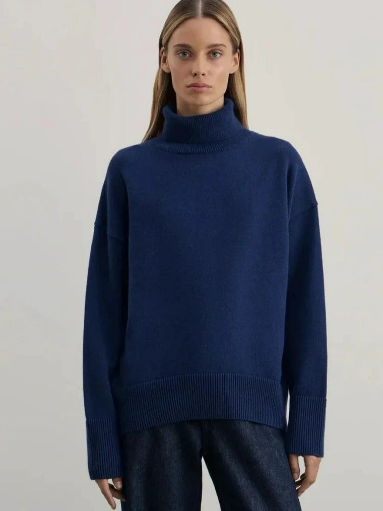 Damen Oversize Pullover mit Rollkragen und Geripptem Saum