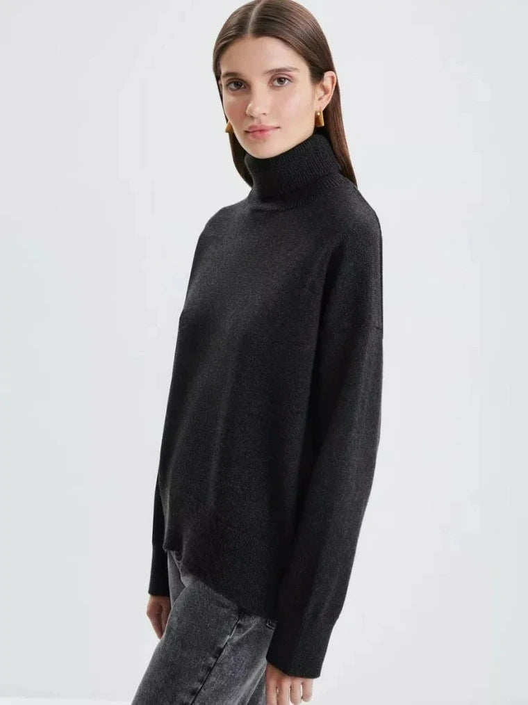 Damen Oversize Pullover mit Rollkragen und Geripptem Saum