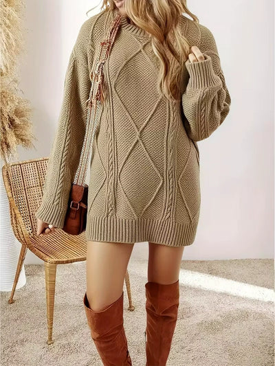 Damen Oversize Zopfmusterpullover mit Gerippten Bündchen und Saum